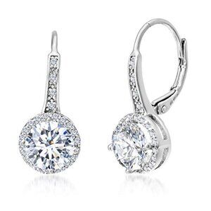 925 Sterling‎ Silver Cubic Zirconia Halo Lever Back Dangle Bridal Earring